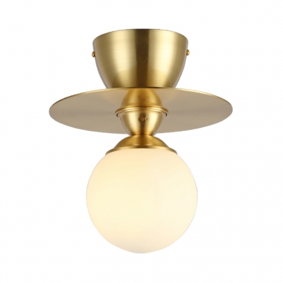 Art Deco Globe Flush Ceiling Light with Frosted Glass Shade Single Semi Flush Light in Brass