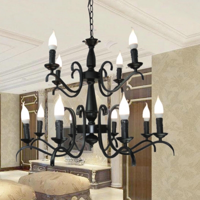 Candle Dining Room Chandelier Light Metal 3/5/6/8/12 Lights Vintage Pendant Lamp in Black