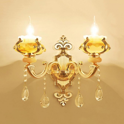 Candle Sconce Light with Clear Crystal for House 1/2-Light Vintage Style Jade Wall Mounted Lighting