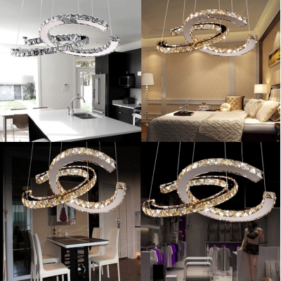 Contemporary Silver Chandelier with Round and Clear Crystal 2 Lights Metal Hanging Pendant