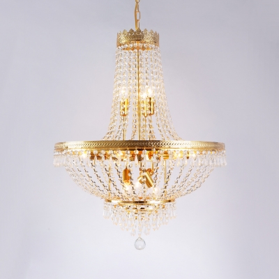 Living Room Empire Chandelier with Clear Crystal Bead Vintage Gold Hanging Light
