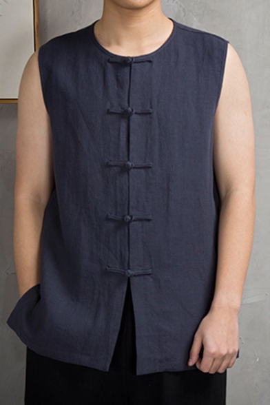 Retro Chinese Style Frog Button Round Neck Sleeveless Linen Casual Vest for Men