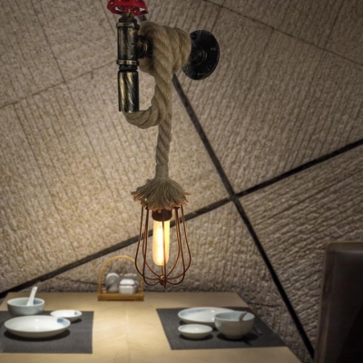 Vintage Saucer Hanging Light Metal and Rope Single Light Black Wall Light for Living Room