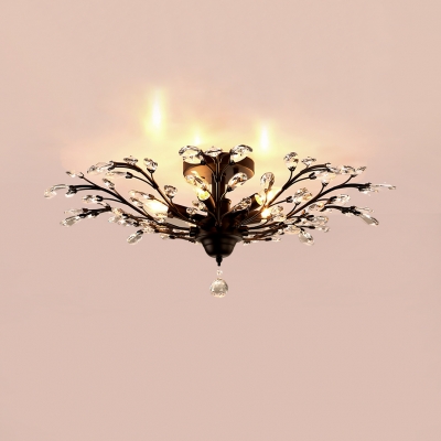 Vintage Style Black Semi Flush Lighting with Clear/Amber Crystal Decoration 4/5 Lights Ceiling Light