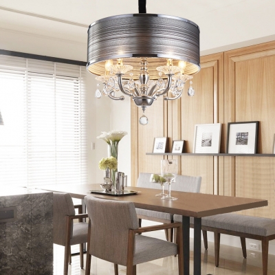 5 Lights Drum Pendant Lighting with Clear Crystal Decoration Modern Style Fabric Flush Light