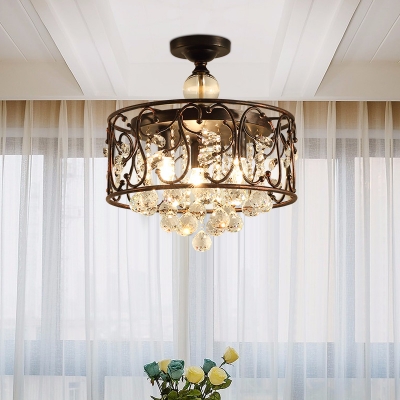 Black Drum Ceiling Pendant 3 Lights Class Clear Crystal Semi-Flush Light for Dining Room