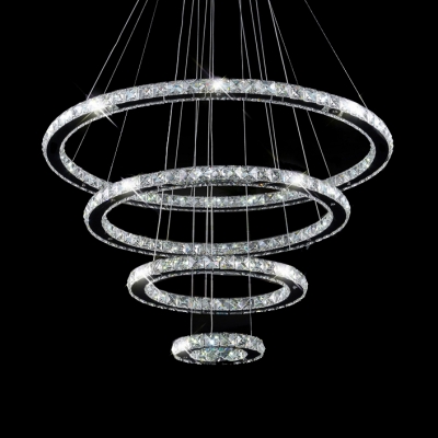 Chrome 4-Tier Rings Chandelier with Adjustable Cord Modern Clear Crystal Hanging Lights for Living Room