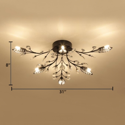 Leaf Semi Flush Mount Light with Clear Crystal Multi Lights Contemporary Style Metal Ceiling Lighting in Black