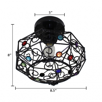Metal Cage Semi Flush Single Light Vintage Lighting Fixture in Black with Colorful Crystal for Foyer