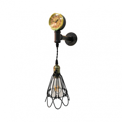 Metal Sconce with Cage and Clock Decoration Single Light Vintage Wall Light in Black/Gold