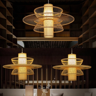 Multi Tiers Ceiling Pendant Light Living Room 1 Light Modern Handmade Bamboo Hanging Light