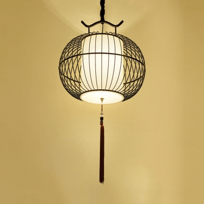 Outdoor Lantern Suspended Light Rattan Asian Black/Gold Ceiling Pendant with Adjustable Cord