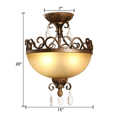 Vintage Bronze Ceiling Fixture with Dome and Clear Crystal Decoration 3 Lights Metal Semi-Flush Light