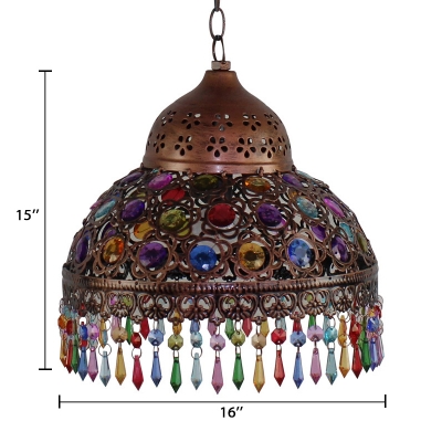 Vintage Bronze/Copper Suspended Light with Dome Single Light Colorful Crystal Hanging Lamp