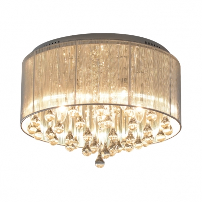 Vintage Drum Flushmount Lighting with Clear Crystal 4/6-Light White Fabric Ceiling Light Fixture