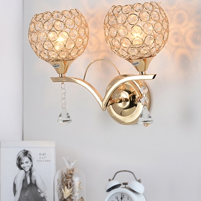 Vintage Style Brass Wall Mounted Lights with Orb Shade 2-Light Clear Crystal Sconce Lighting