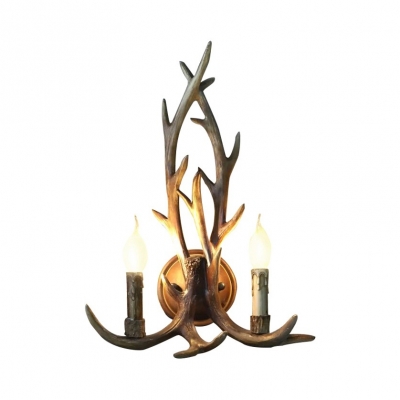 2 Lights Candle Sconce with Elk Horn Decoration Rustic Metal Wall Light Fixture in White/Bronze