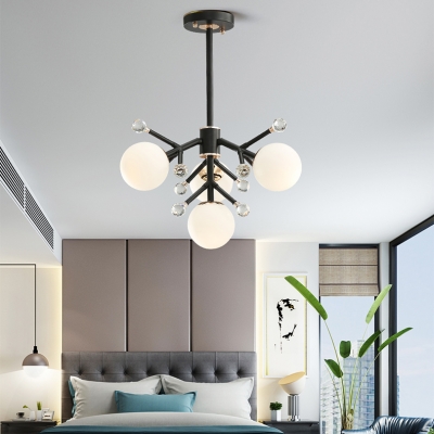 4/6/7 Lights Globe Chandelier Light Contemporary Frosted Glass Pendant Lamp with Clear Crystal Ball in Black