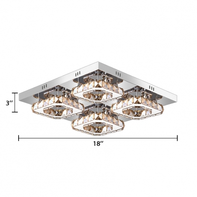 4 Square Semi Flushmount with Amber Crystal Decoration Modern Chic Stainless LED Ceiling Fixture