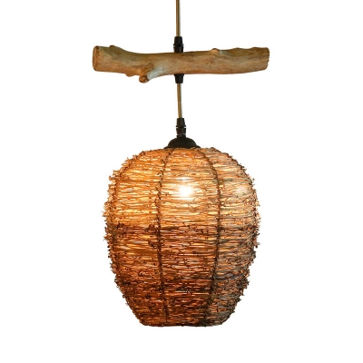 Brown Bucket Ceiling Pendant Light Rustic Rattan Single Hanging Lamp with Wood Stick