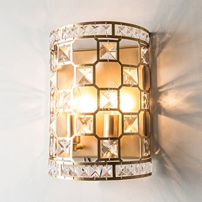 Antique Style Cylinder Sconce Light Metal and Clear Crystal 1/2 Lights Wall Lighting Fixture for Bedroom