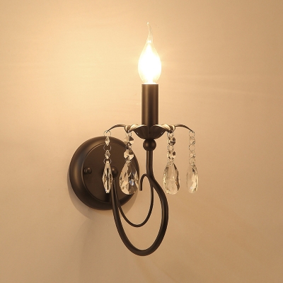 Black Candle Wall Lighting Fixture 1-Light Contemporary Style Metal Sconce Light with Clear Crystal for Hallway