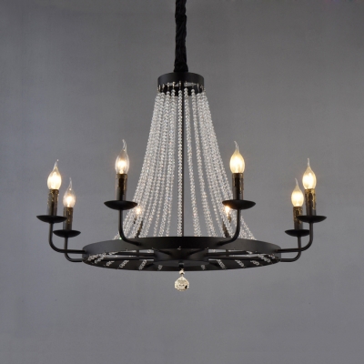 Candle Dining Room Chandelier Metal Colonial Hanging Light in Black with Crystal Strands Decoration