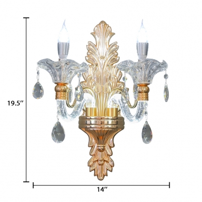 Candle Wall Mounted Lighting for Bedroom 1/2 Lights Antique Style Glass Sconce Light in Brass with Clear Crystal