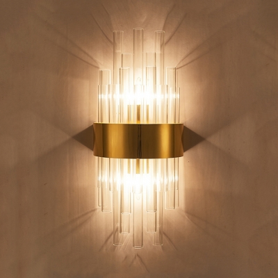 Clear Pipe Crystal Sconce 2 Lights Modern Metal Wall Lamp in Gold/Brushed Brass for Bedroom