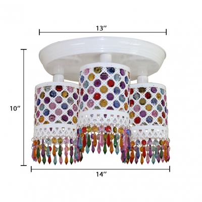 Cylinder Semi Flush Light with Colorful Crystal 1/3 Lights Decorative Ceiling Light in White