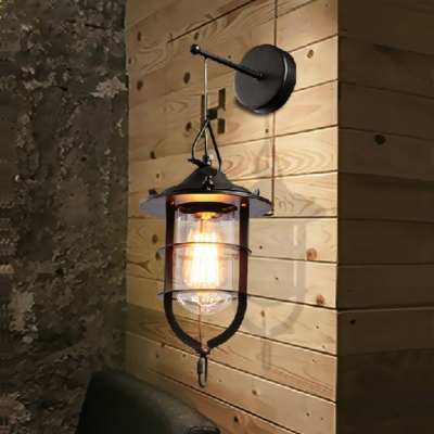 Industrial Caged Sconce Light Single Light Metal Hanging Wall Sconce in Black for Front Door