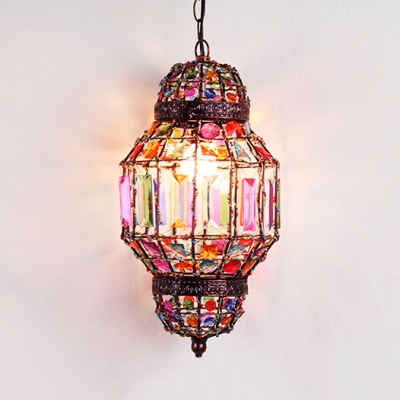 Lantern Bedroom Hanging Lamp Metal Single Light Vintage Pendant Lighting with Colorful Crystal