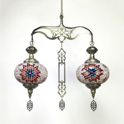 Lantern Living Room Chandelier Mosaic 2 Lights Moroccan Pendant Lamp in Blue/Red