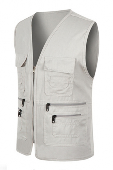 New Trendy Solid Color V-Neck Zip Closure Outdoor Casual Fitted Photography Vest