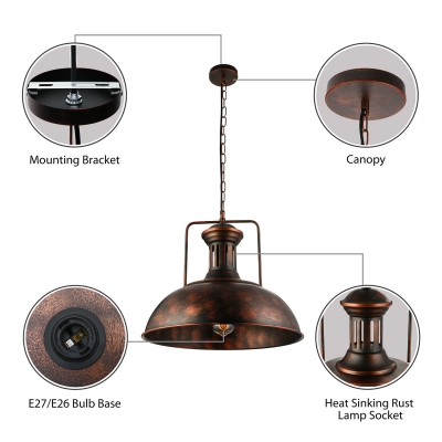 Rust Single Light Bowl Pendant Light in Wrought Iron for Warehouse Pool Table