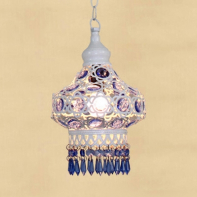 Traditional Lantern Ceiling Light Single Light Metal Pendant Lamp with Blue/Multi-Color Crystal Decoration