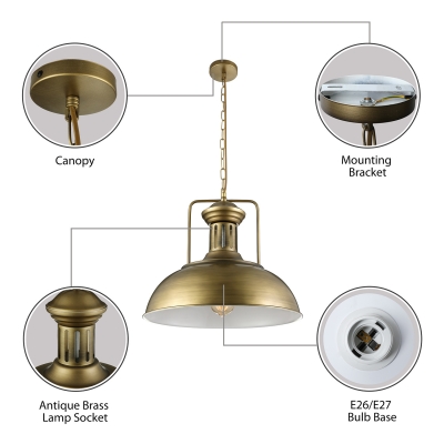 1 Light LED Pendant with Antique Brass/Gold Metal Shade
