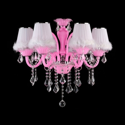 Clear Crystal Candle Hanging Chandelier 6 Lights Traditional Pendant Light in Pink for Bedroom