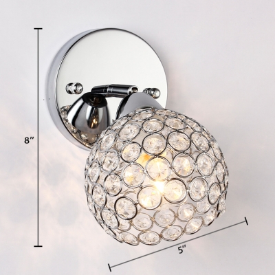 Ball Sconce Light for Bedroom One-Light Antique Style Clear Crystal Wall Lighting in Chrome, H8