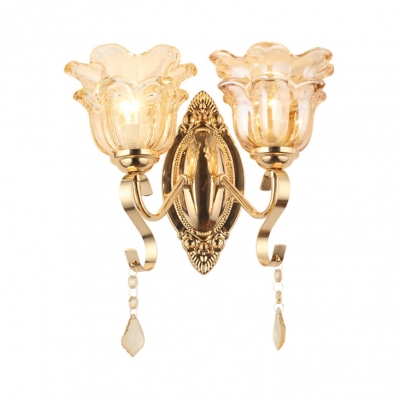 Bedroom Floral Shade Sconce Lighting Clear Glass Antique Style Wall Light with Clear Crystal Decoration
