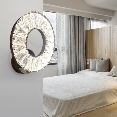 Contemporary Chrome Wall Sconce with Ring Clear Crystal Wall Lamp for Living Room