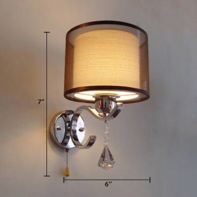 Cylindrical Indoor Wall Light Fixture Fabric 1-Light Modern Style Sconce Lighting with Clear Crystal