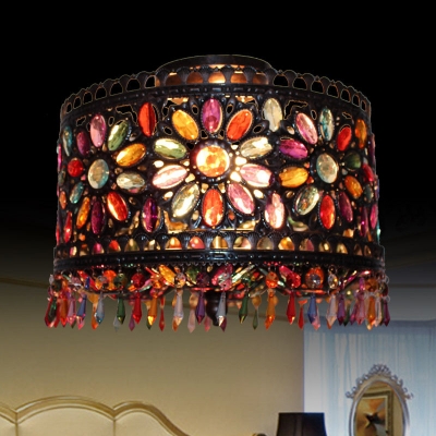 Drum Living Room Semi Flush Light with Colorful Crystal Beads 3 Lights Vintage Ceiling Light