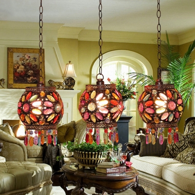 Globe Dinging Room Pendant Light with Round/Linear Canopy Colorful Crystal 3 Lights Hanging Light