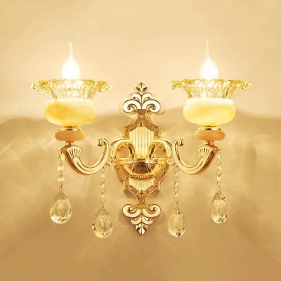 Indoor Floral Wall Lighting Fixture Glass and Jade 1/2 Lights Vintage Style Sconce Light with Clear Crystal