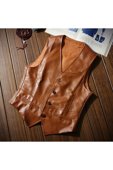 Men's New Fashion Solid Color V-Neck Button Closure Fitted PU Leather Vest