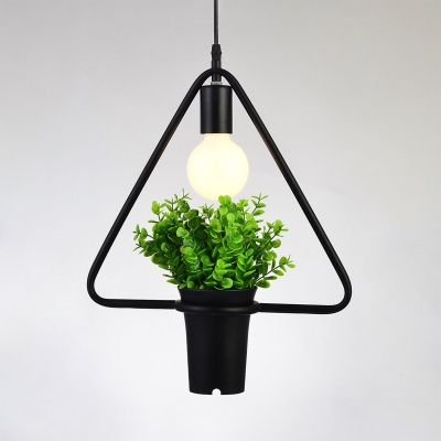 Metal Flower Pot Ceiling Light Height Adjustable Rustic Hanging Lamp in Black for Dining Room