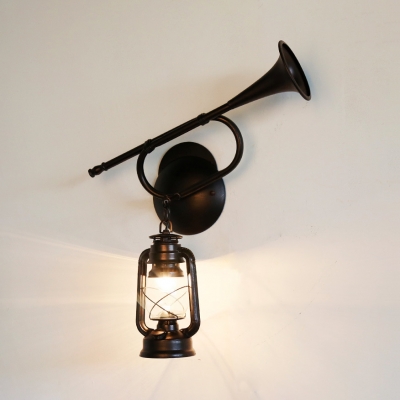 Single Light Lantern Sconce Vintage Metal Horn Decoration Wall Light in Bronze for Kitchen
