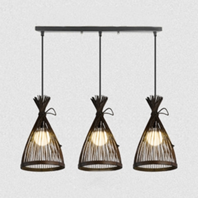 3 Lights Tapered Ceiling Pendant Asian Woven Hanging Ceiling Light