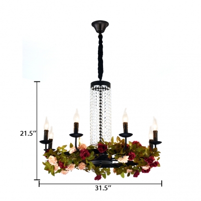 5/8/12 Lights Candle Pendant Lighting with Flower and Crystal Decoration Colonial Chandelier Light in Black